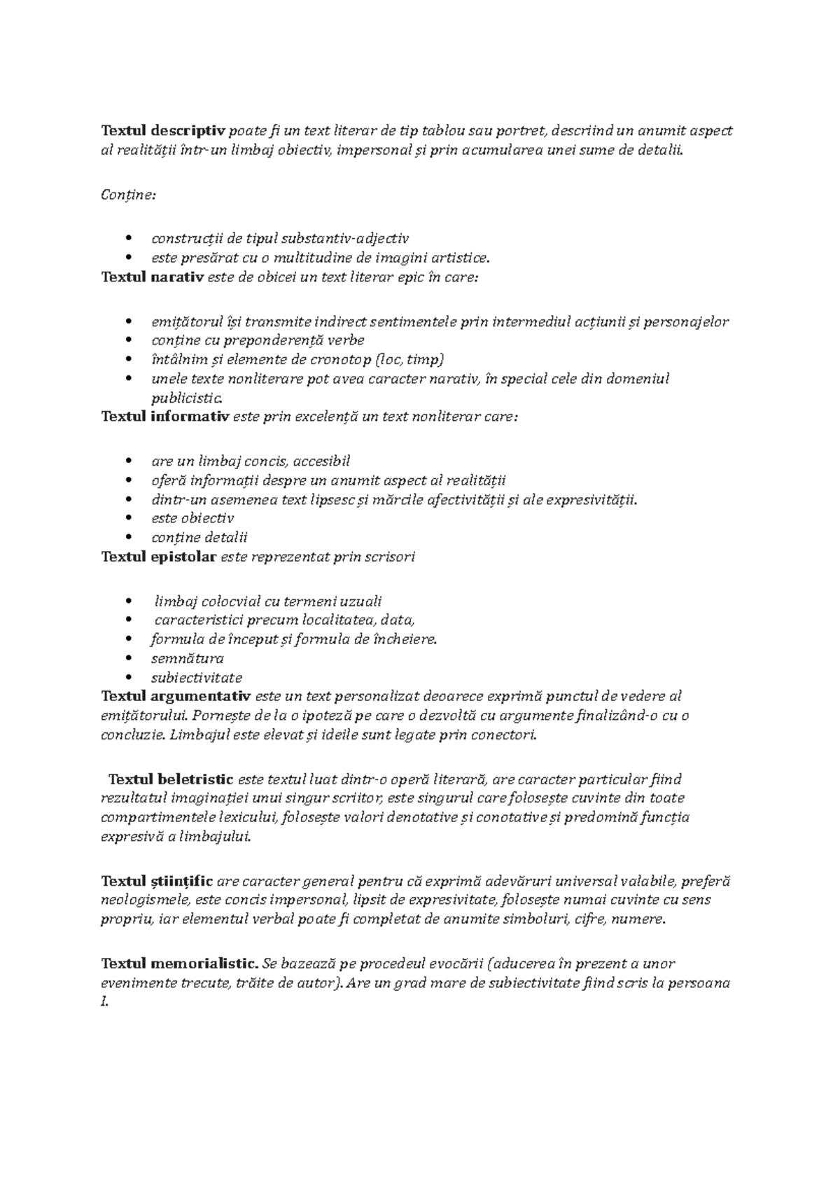 Tipuri de text: Descriptiv, Narativ, Informativ, Epistolar ...