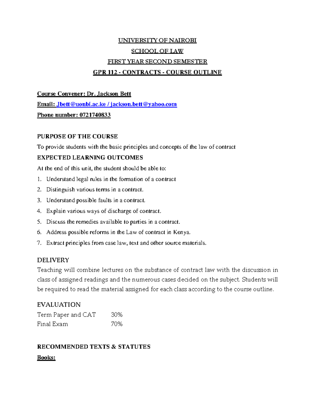 GPR 112 - Contracts Course Outline and Learning Objectives - Studocu