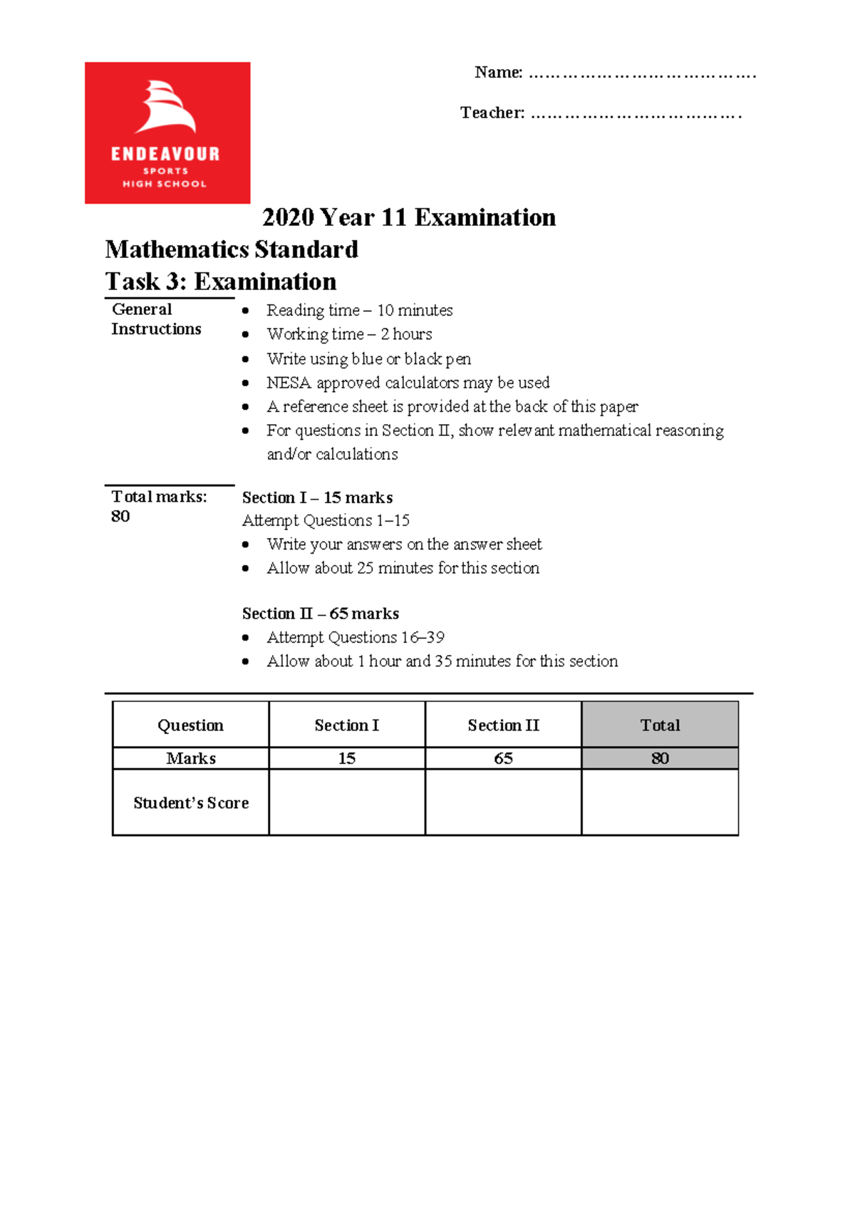 2020 Year 11 Mathematics Standard Exam - Task 3 - Studocu
