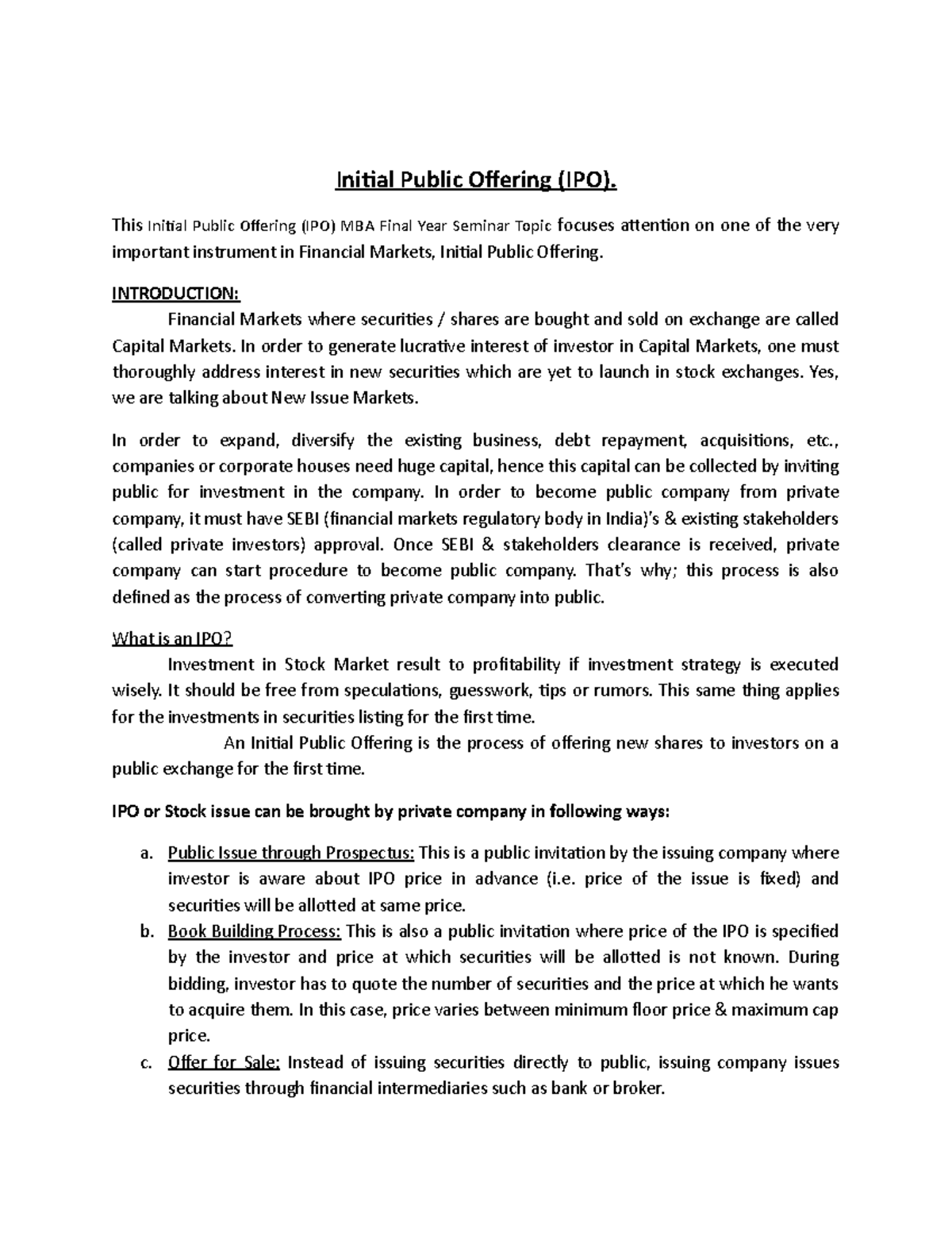 Study of IPOs in Indian Stock Market - MBA Final Year Seminar - Studocu