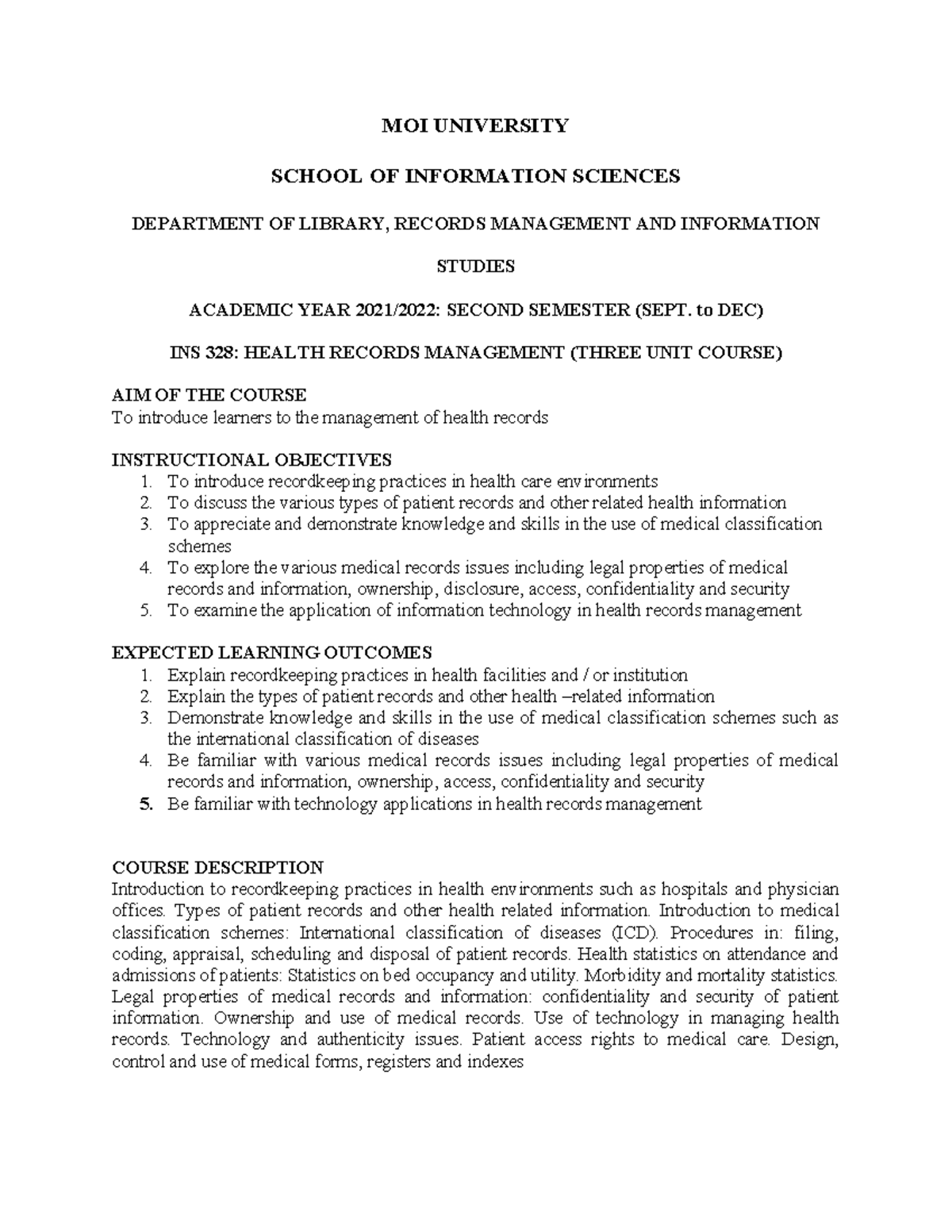 INS 328: Comprehensive Class Notes on Health Records Management - Studocu