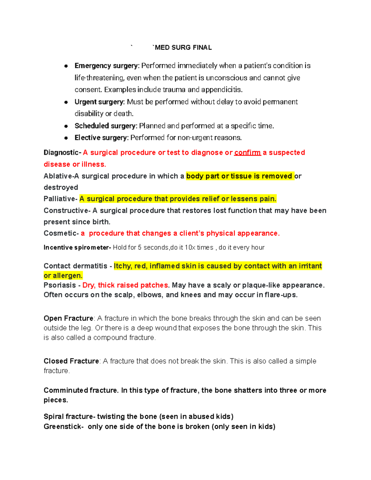 MED SURG FINAL - Comprehensive Notes on Surgical Procedures and ...