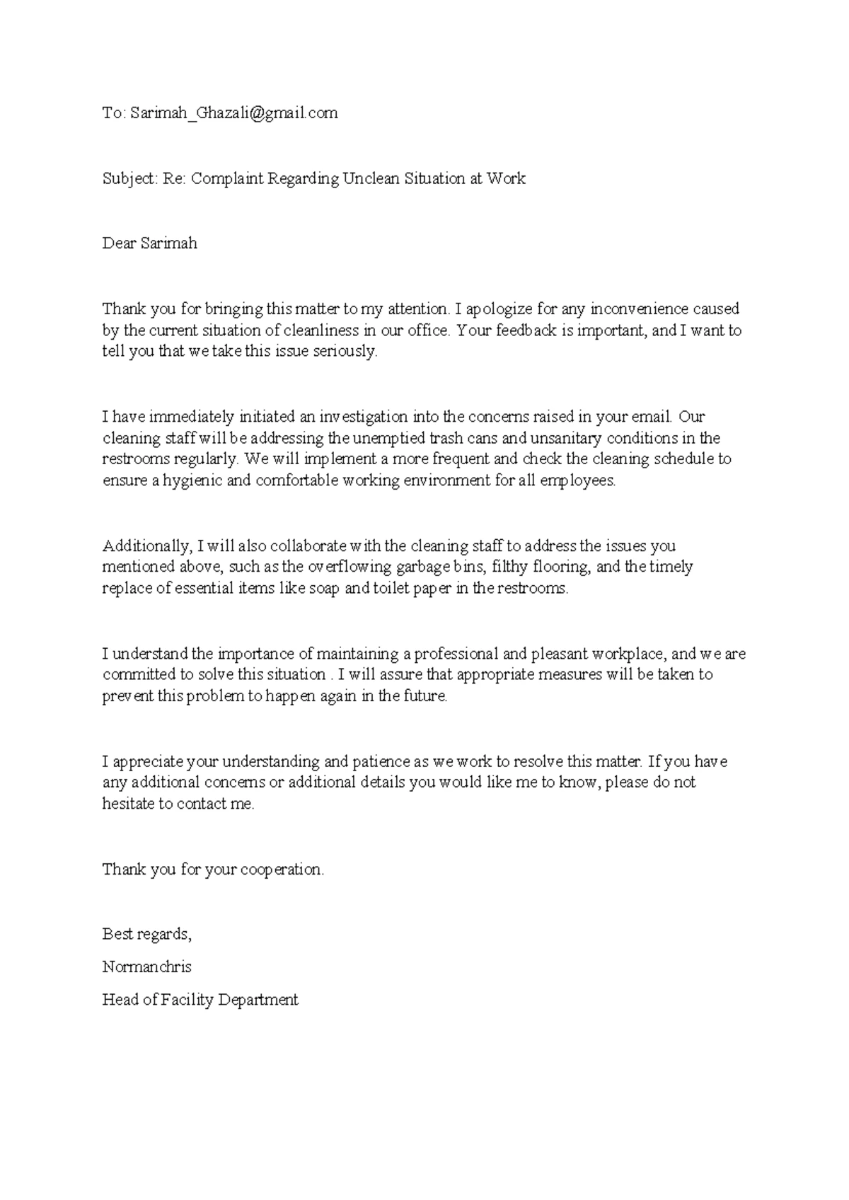 Email Notes: Addressing Continuous Noise Issues at Work - Studocu