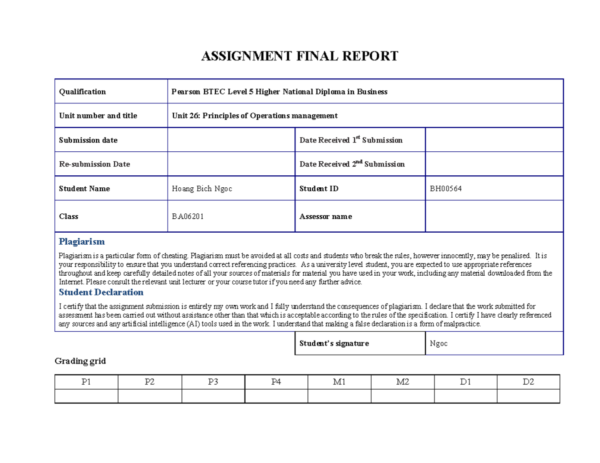 Unit 26: Principles of Operations Management - Final Report by Hoang ...