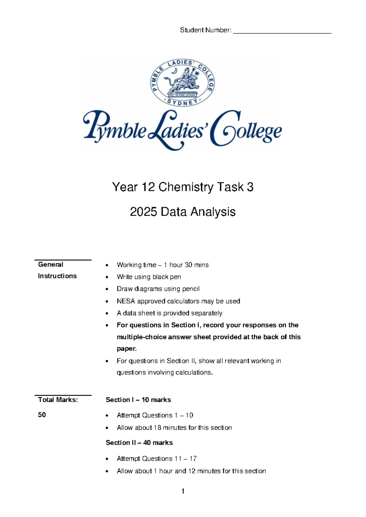 2025 Year 12 Chemistry Task 3 - Data Analysis & Questions - Studocu