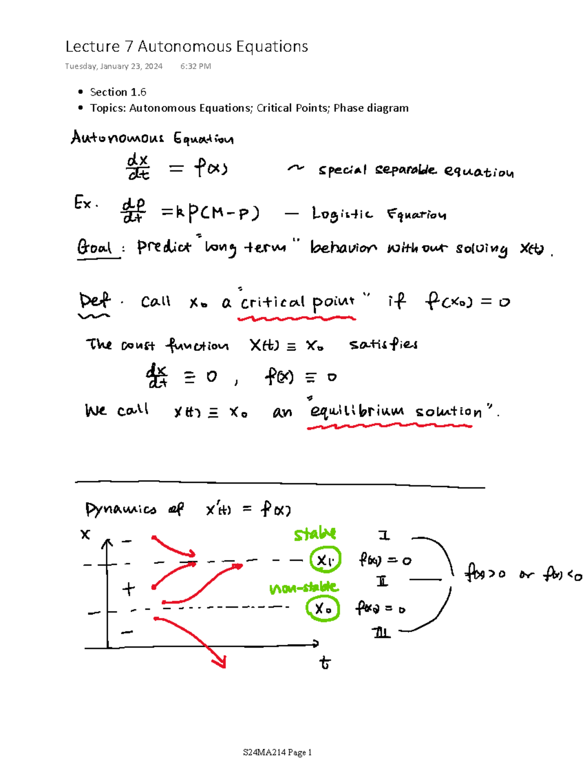 Lecture 7: Autonomous Equations and Critical Points (S24MA214) - MA214 ...