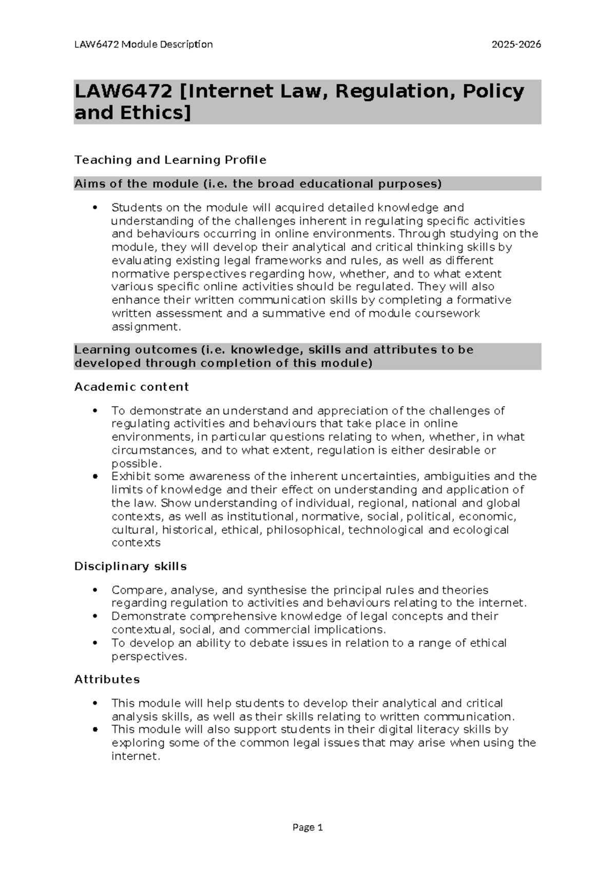 LAW6472 Internet Law, Regulation, Policy & Ethics Module Outline 2025 - Document Preview