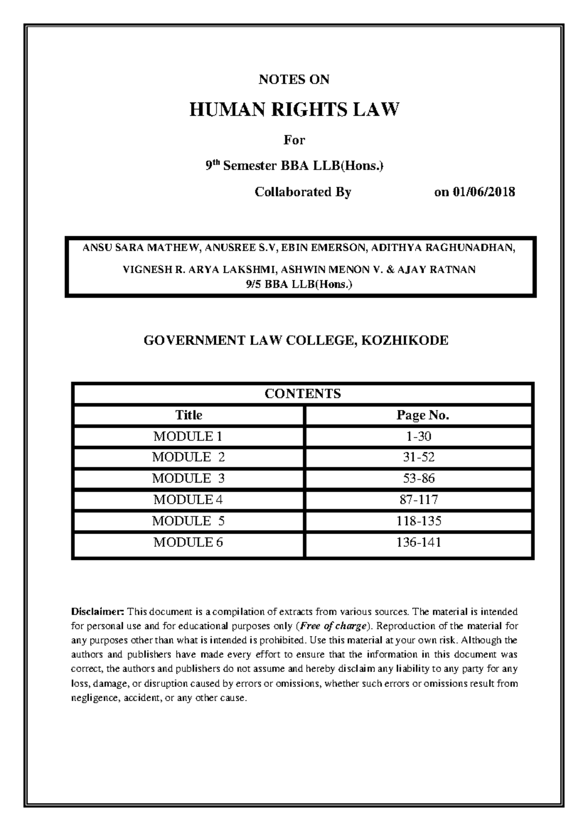 Human Rights Law Overview for BBA LLB(Hons.) - 9th Sem. Notes - Studocu