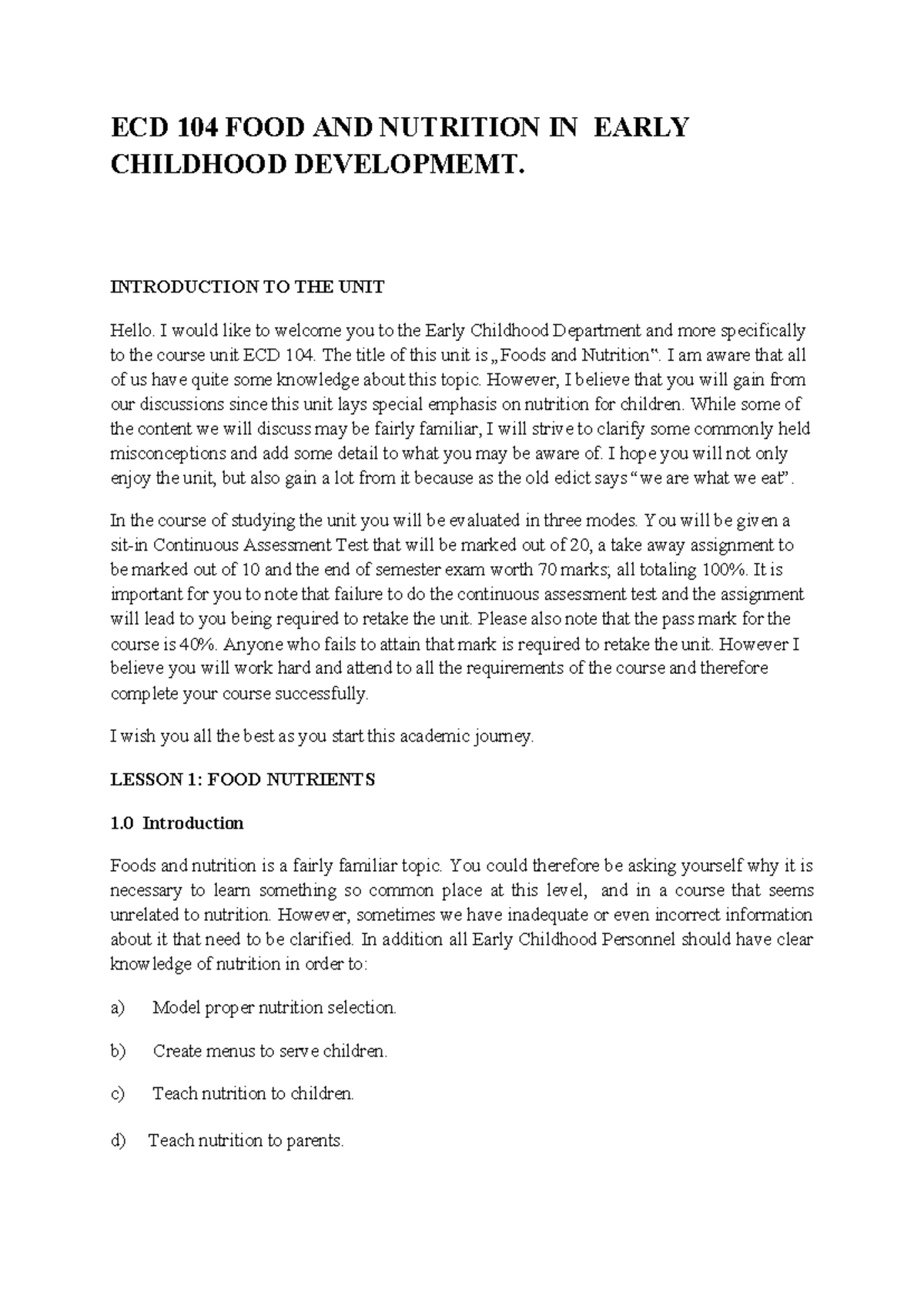 ECD 104: Food and Nutrition in Early Childhood Development - Unit ...