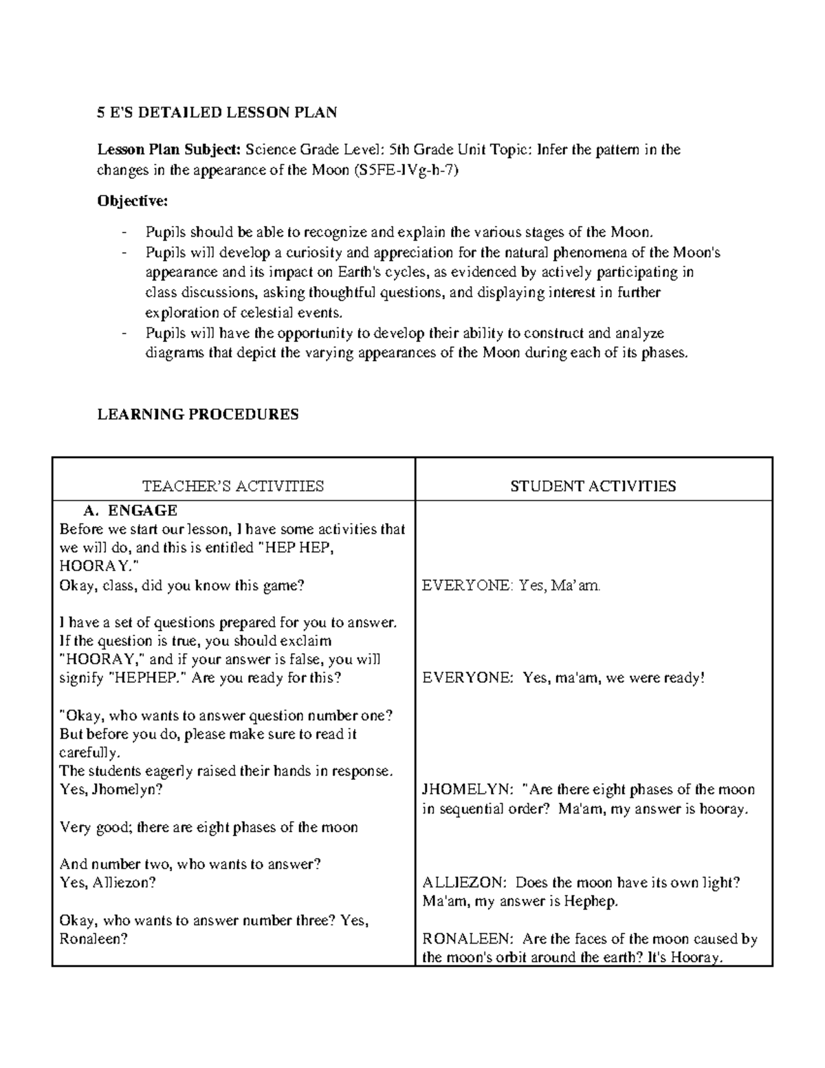 5E Lesson Plan: Exploring the Phases of the Moon (Grade 5 Science ...