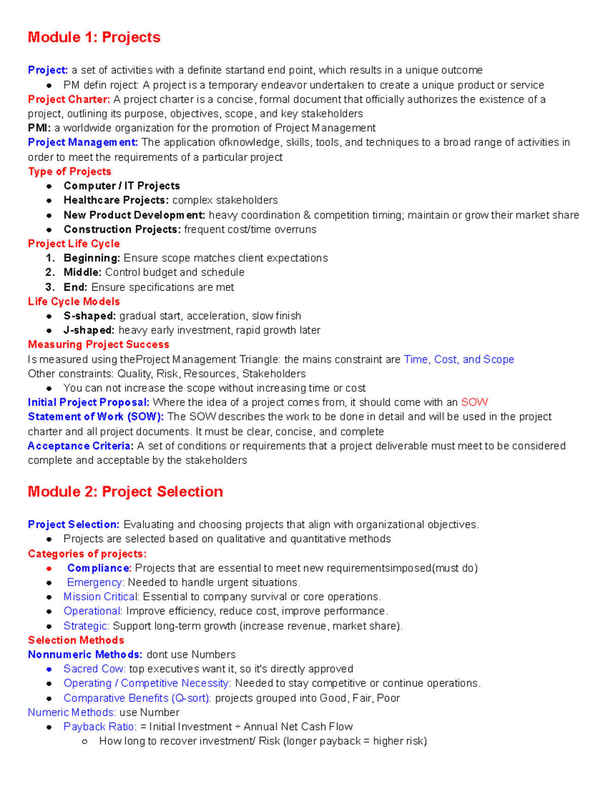 GMS 450 Project Management: Module 1 & 2 Notes - Studocu