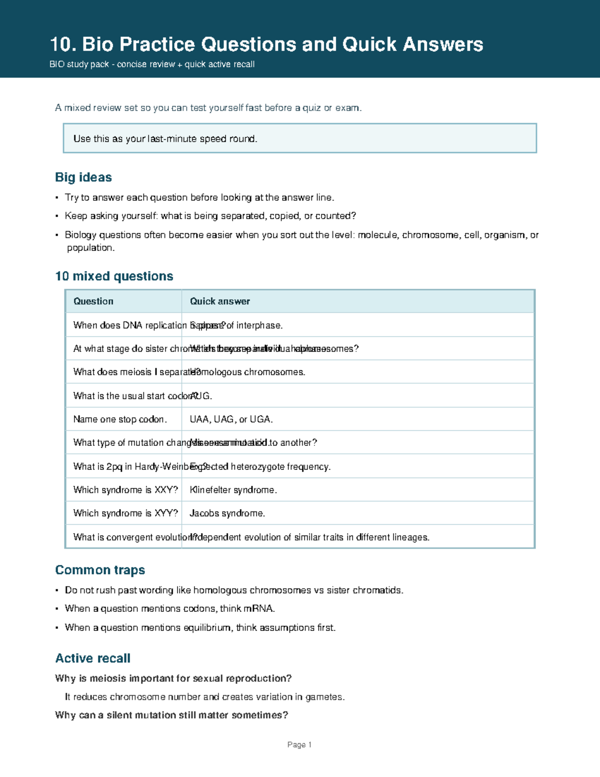 BIO 10: Practice Questions & Quick Answers for Exam Prep - Studocu
