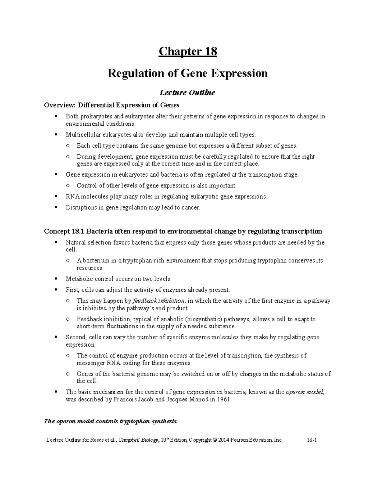 Reece 10e Lecture Ch18 - Chapter 18 Regulation of Gene Expression ...