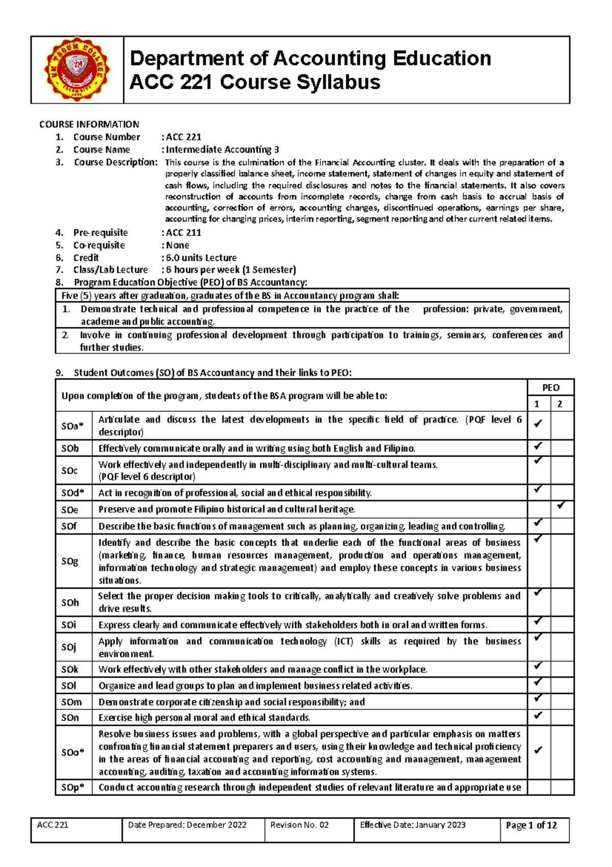 BSA ACC-221 Intermediate Accounting 3 Course Syllabus (Rev2) - Studocu