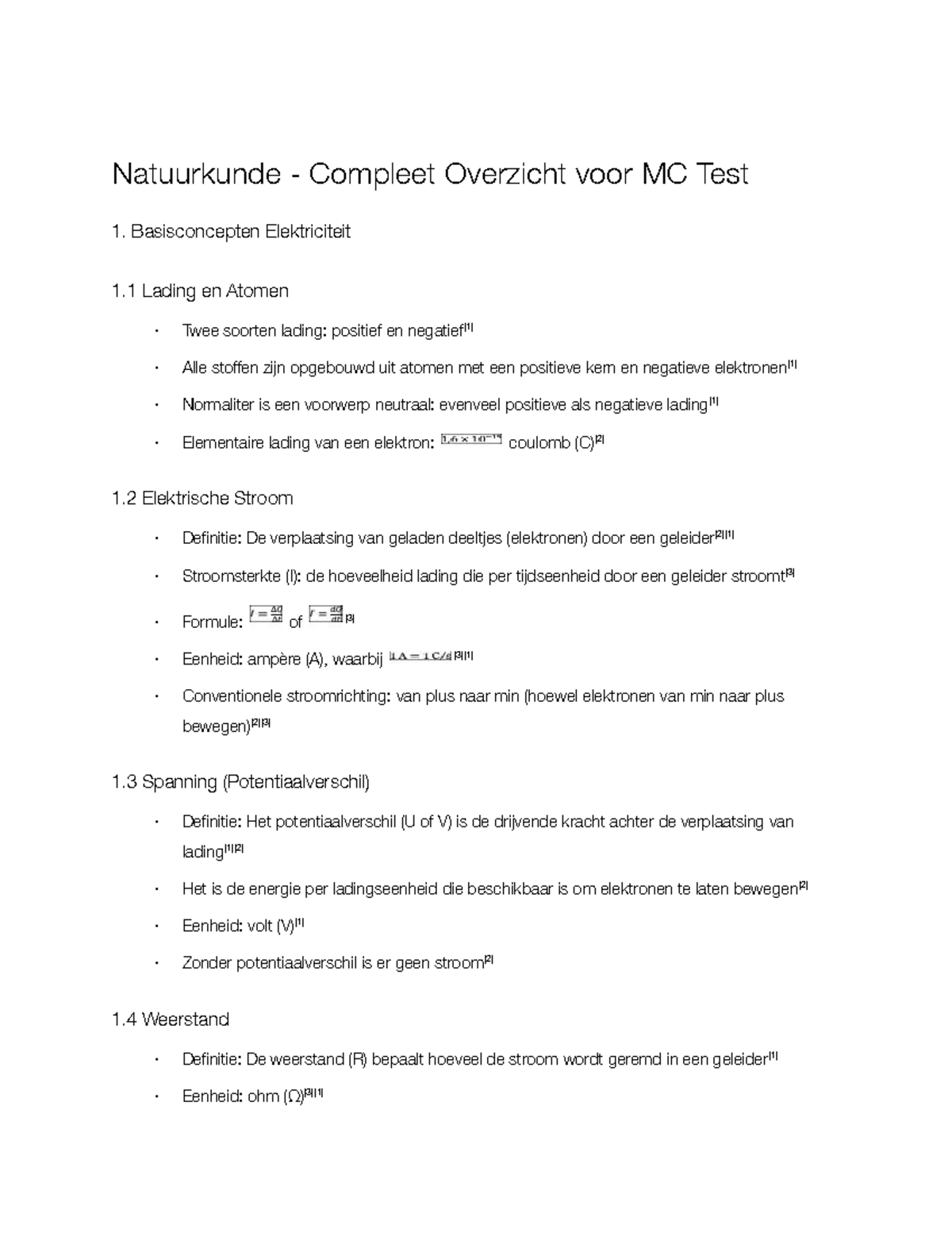 Overzicht Natuurkunde voor MC Test 1: Basisconcepten Elektriciteit ...