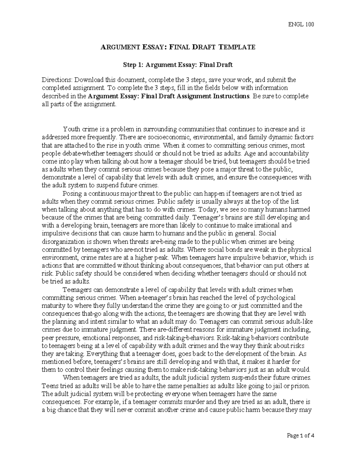 ENGL 100 Argument Essay: Final Draft Guidelines and Template - Studocu