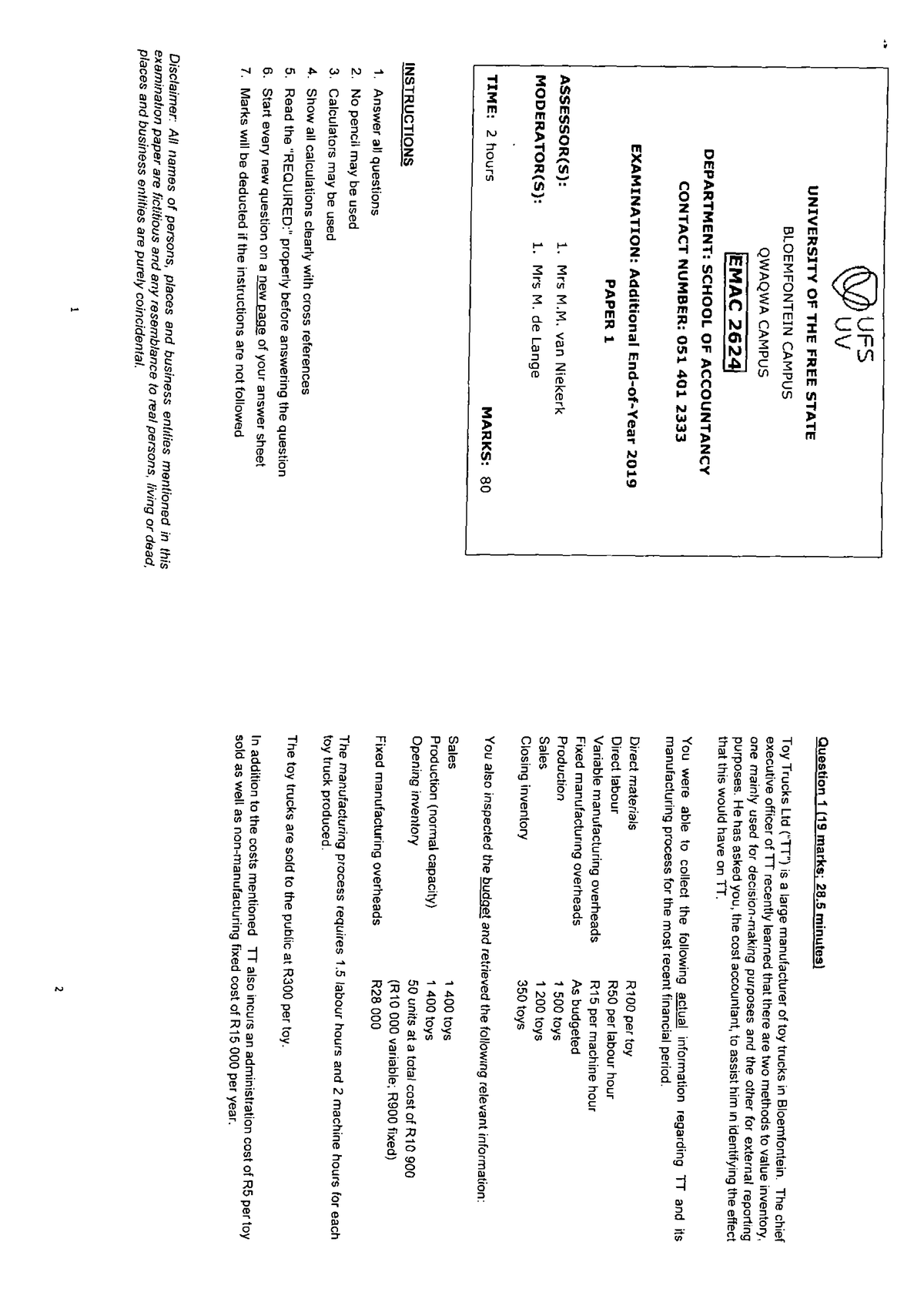 UFS EMAC 2624 Management Accounting Past Exam Paper Analysis - Studocu