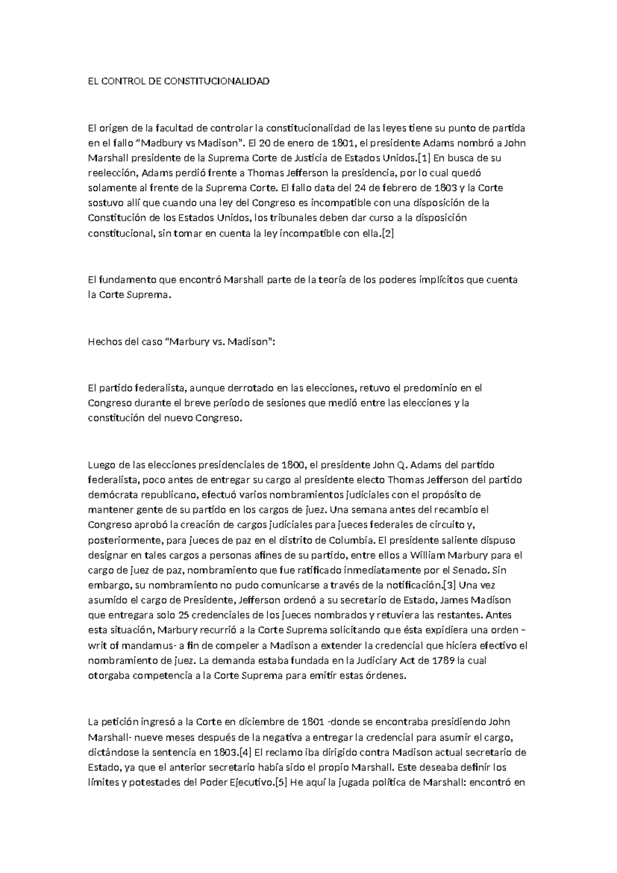 EL CONTROL DE CONSTITUCIONALIDAD: Análisis del Caso Marbury vs. Madison ...