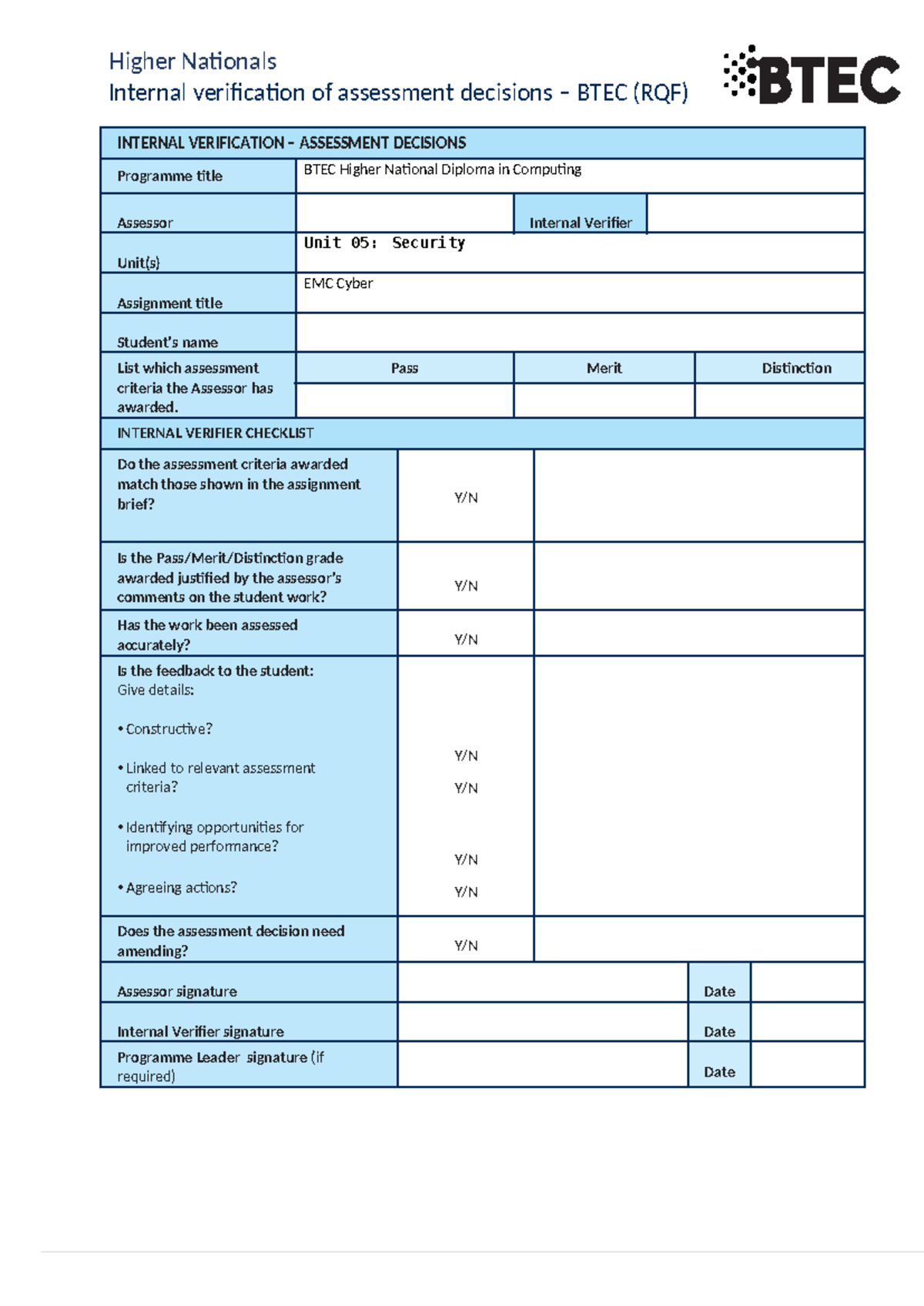 BTEC HND Computing Unit 5 Security Internal Verification Guide - Studocu