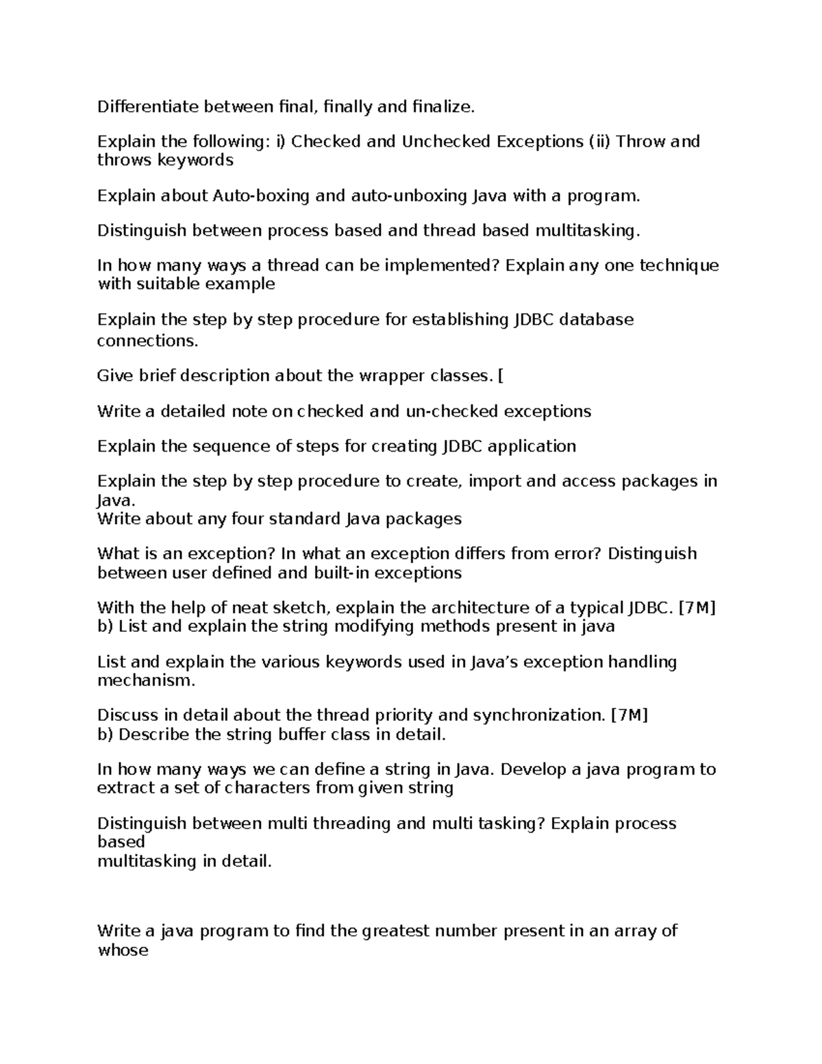 Java previous questions: Final exam review on exceptions, JDBC ...