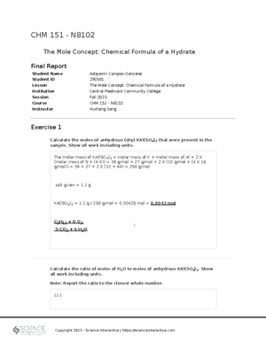 Study Guide for CHM151 Lab Test1 Exp1 2 3 - CHM151 Lab Exam 1 SUMMARY ...