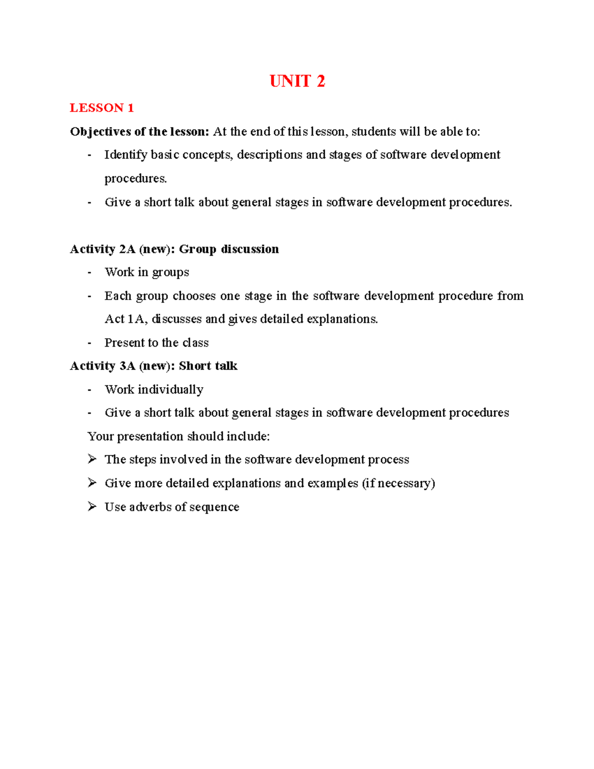 UNIT 2 LESSON 1 & 2: Software Development Procedures & Activities - Studocu