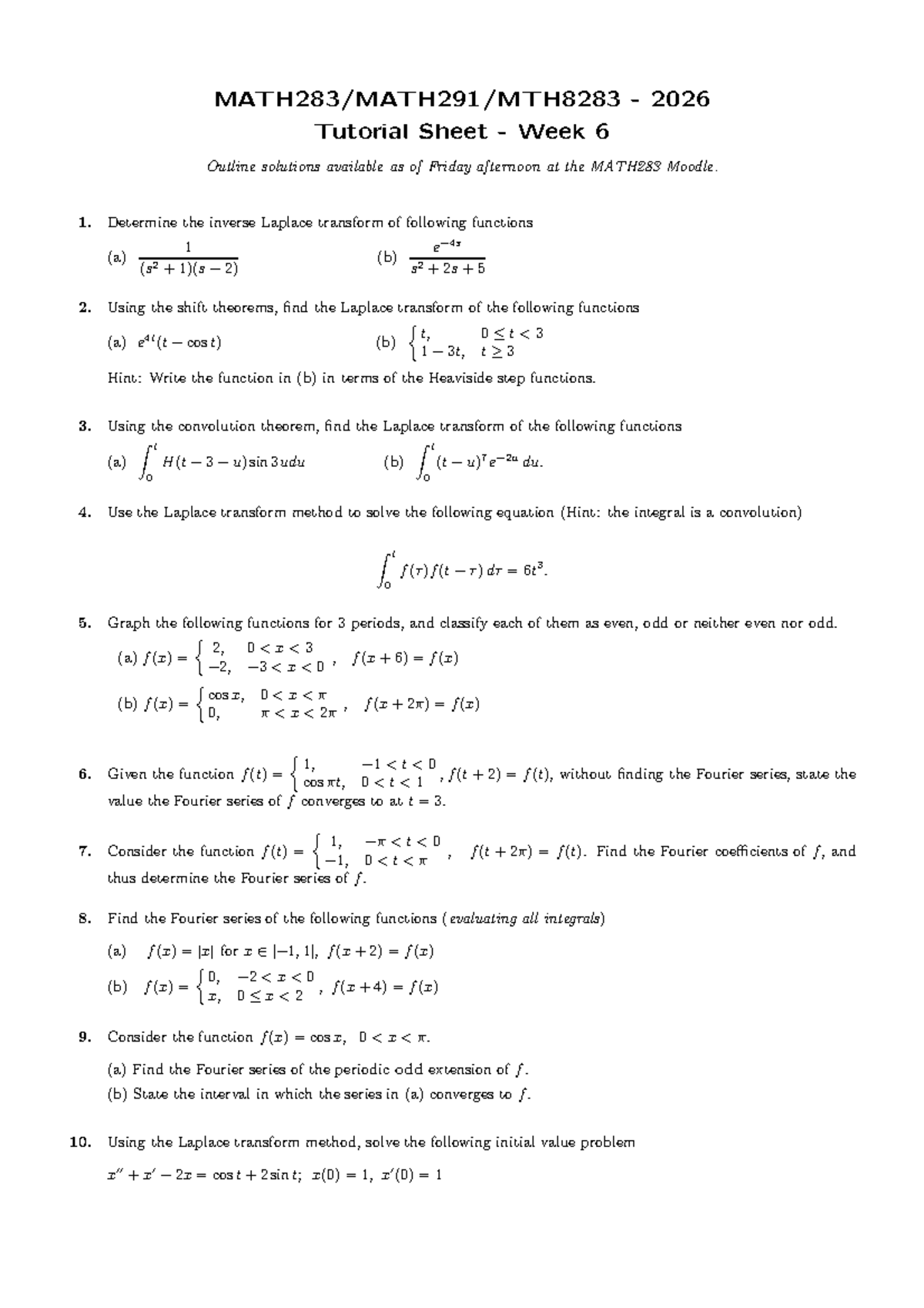 MATH283 Week 6 Tutorial Solutions and Laplace Transforms - Studocu