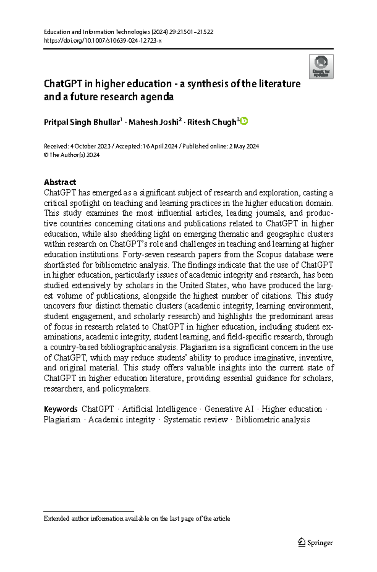ChatGPT in Higher Education: A Bibliometric Analysis (EDU 2024) - Studocu