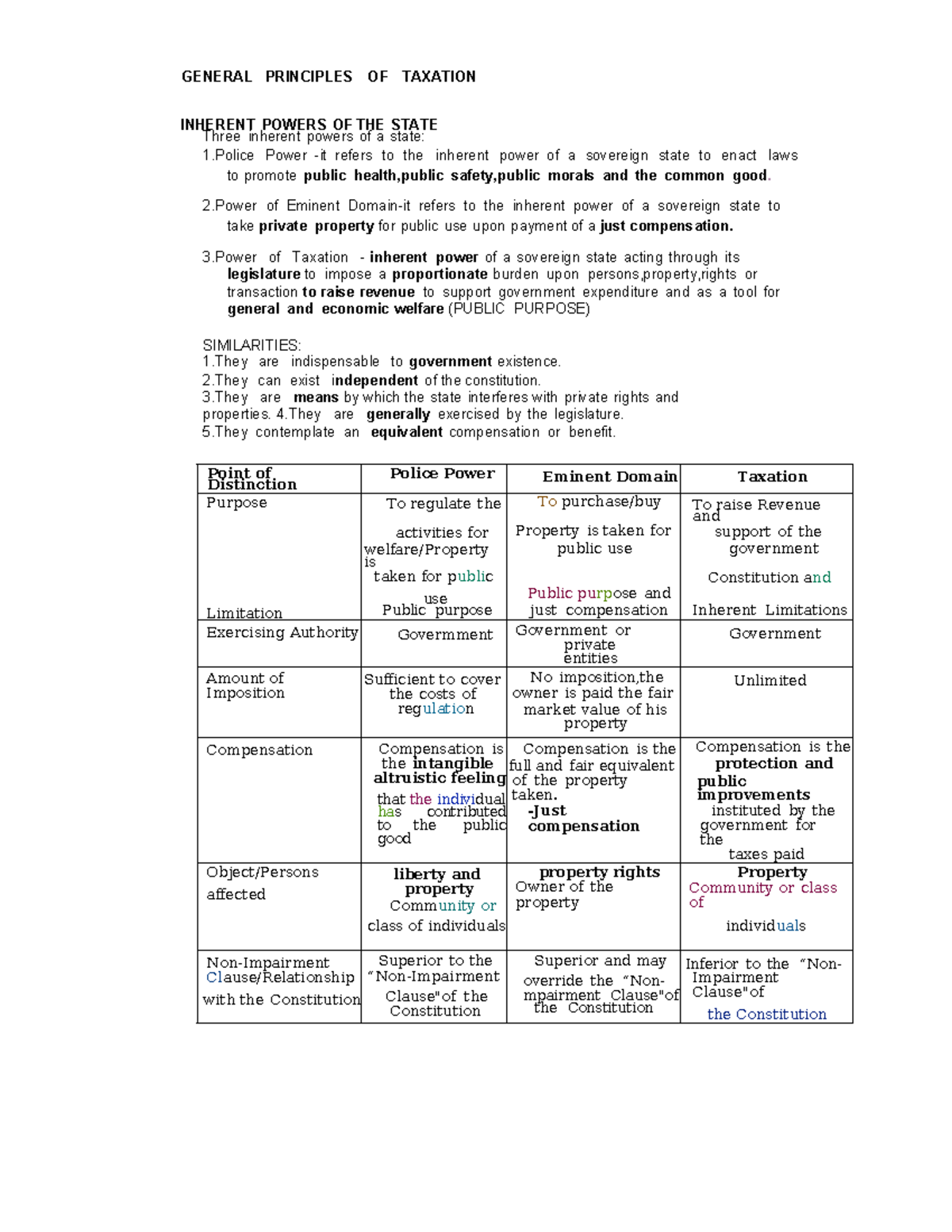 Principles of Taxation - INHERENT POWERS OF THE STATE Three inherent ...