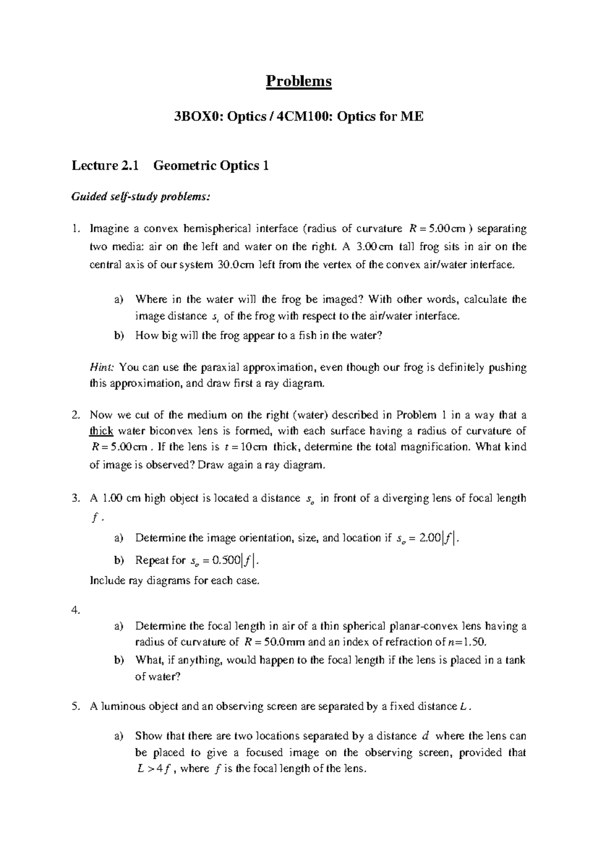 Geometric Optics 1 Problems Lecture 2.1 (3BOX0 & 4CM100) - Studeersnel