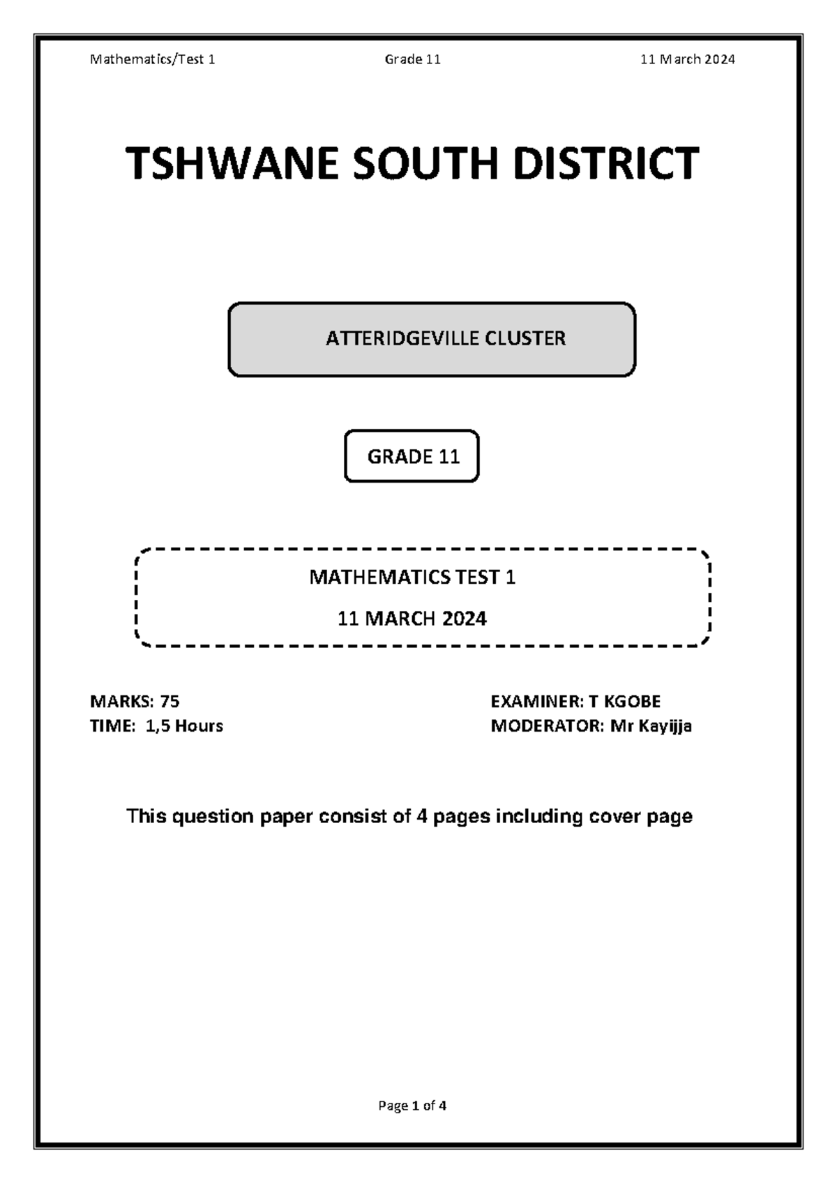 Grade 11 Mathematics Test 1 (QP) - 2024 Term 1 Past Paper - Studocu