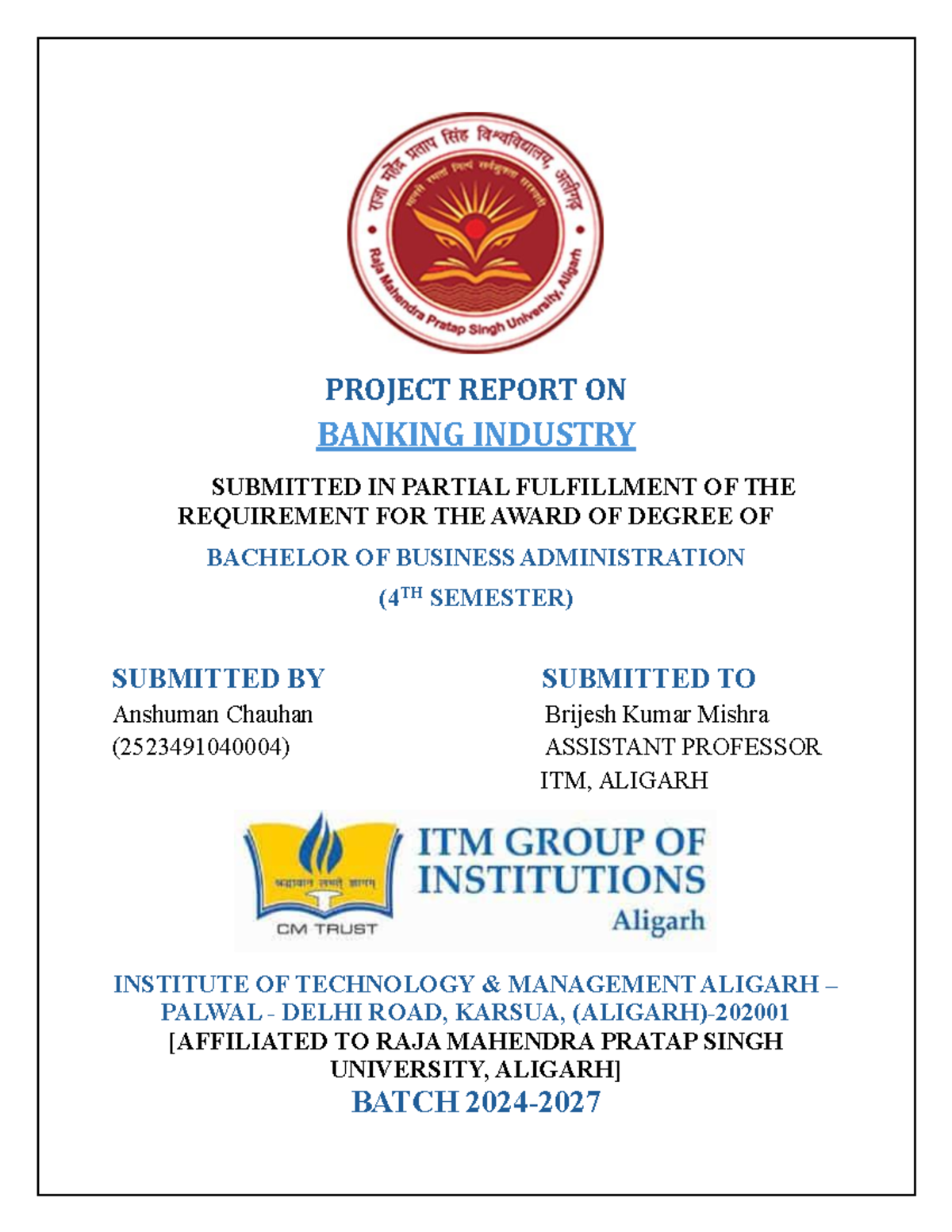 BBA 4th Sem Project Report: Analysis of the Banking Industry - Studocu