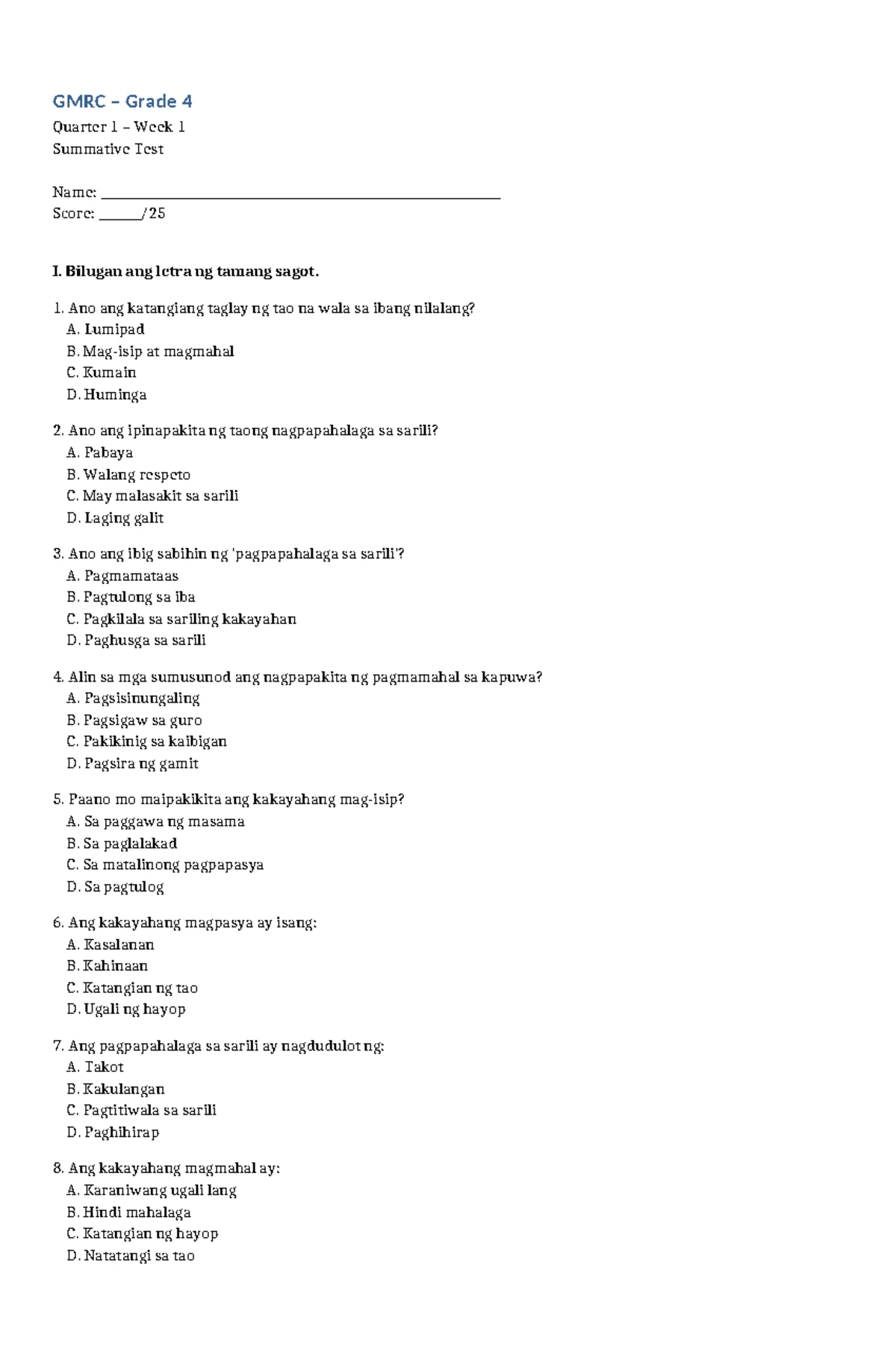 GMRC Grade 4 Q1 Week 2 Summative Test on Family Relations - Studocu