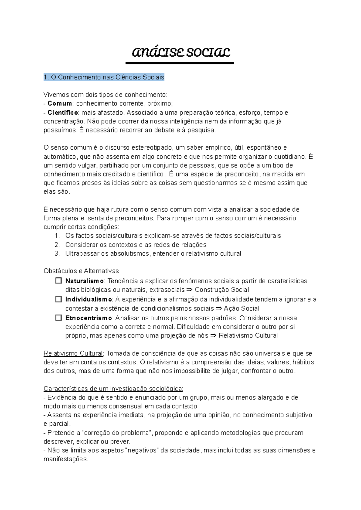 ANÁLISE SOCIAL 1: Conhecimento e Construção de Lugares Sociais - Studocu
