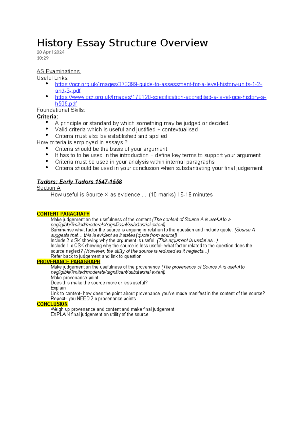 History Essay Structure Overview: Key Criteria & Analysis Guide - Studocu