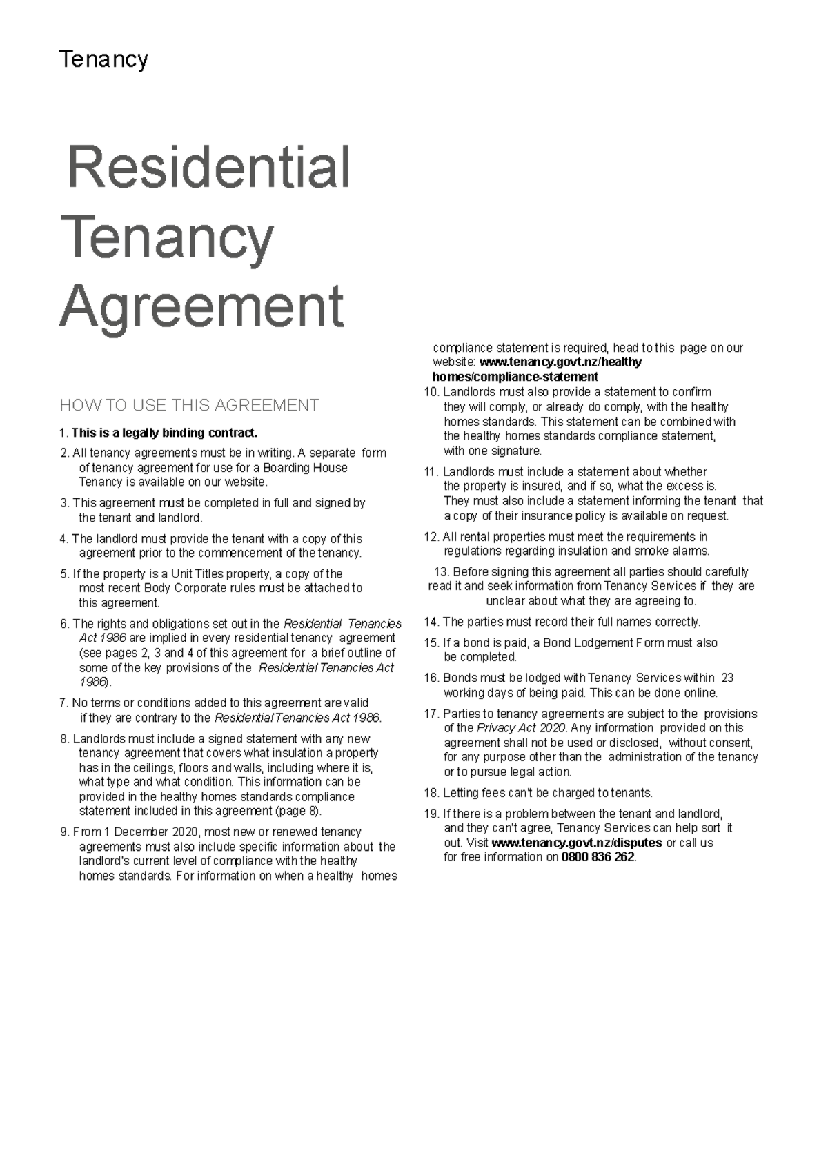RTA01 Tenancy Agreement: Key Provisions & Compliance Guidelines - Studocu