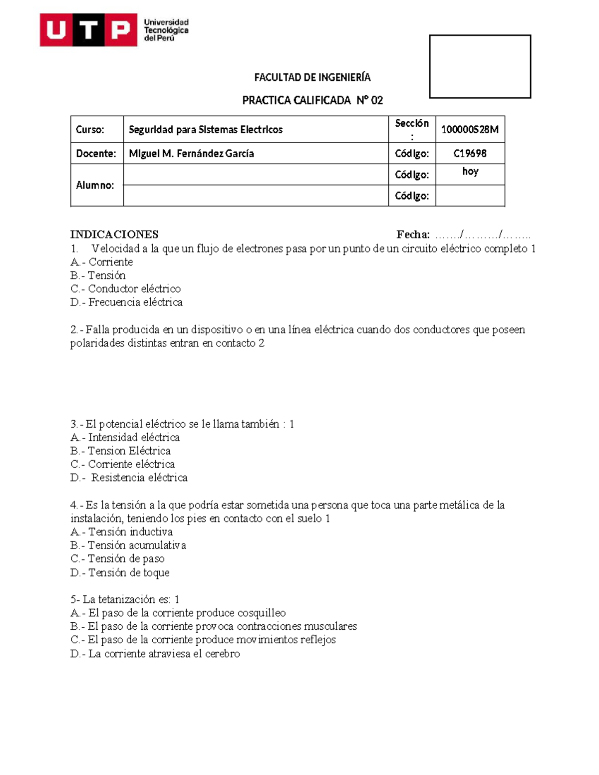 Práctica Calificada N° 02: Seguridad para Sistemas Eléctricos 100000S28M - Document Preview
