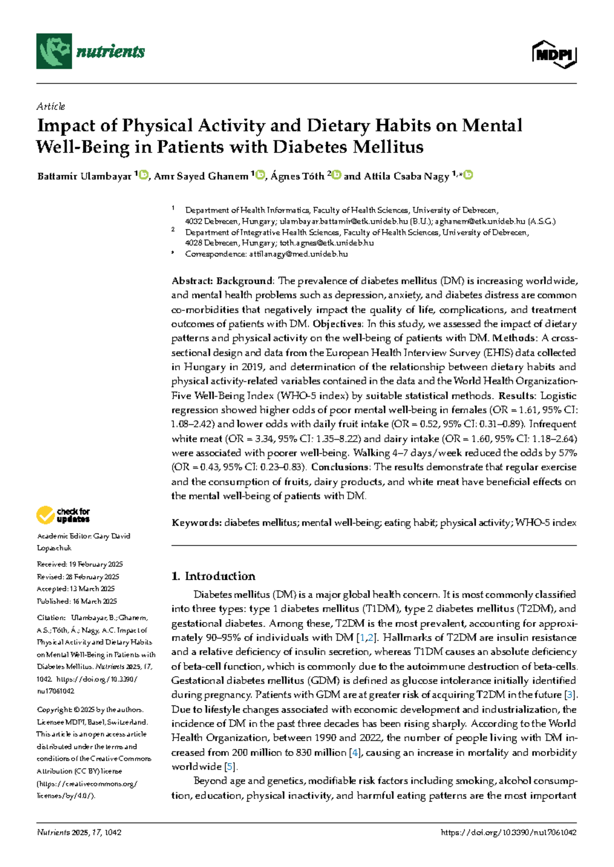 Impact of Dietary Habits and Physical Activity on Mental Health in DM ...