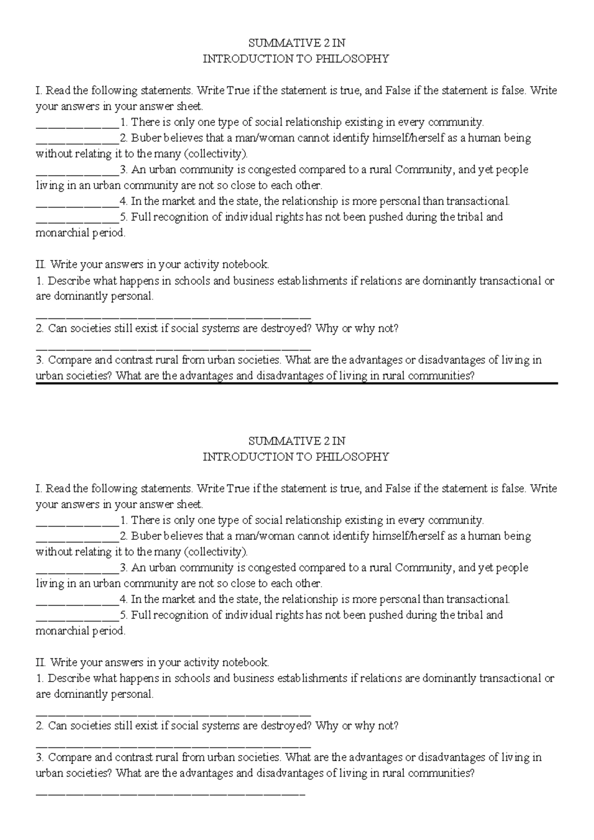 Activity Sheets: Intro to Philosophy of the Human Person Q4 W1-2 - Studocu