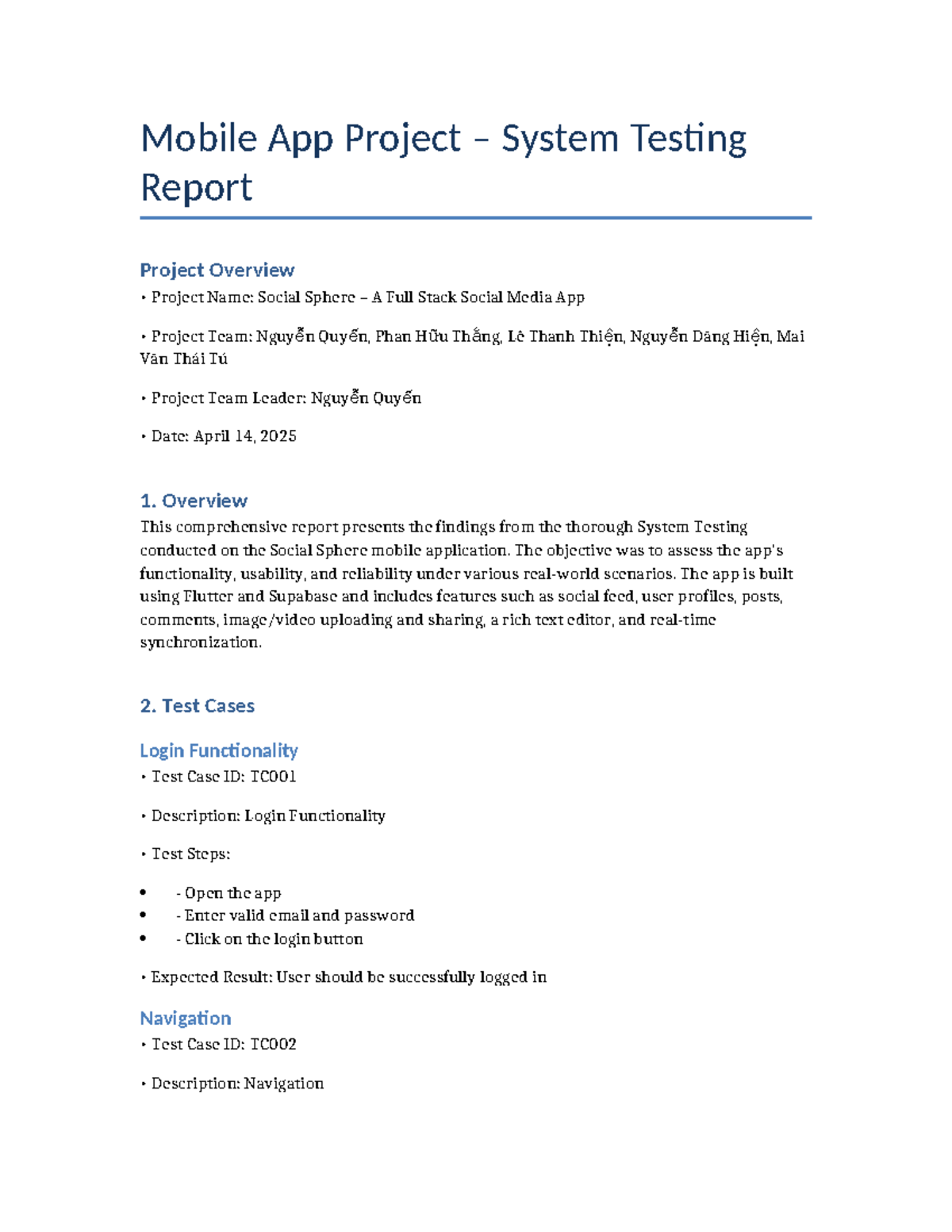 System Testing Report for Social Sphere App (Project Code: SS-2025 ...
