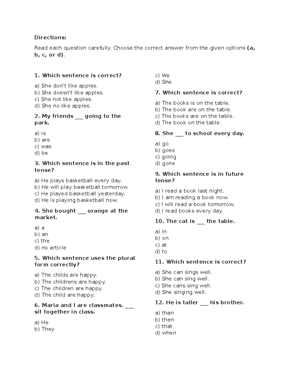 Grammar QUIZ 1: Choose the Correct Answer (a, b, c, or d) - Studocu