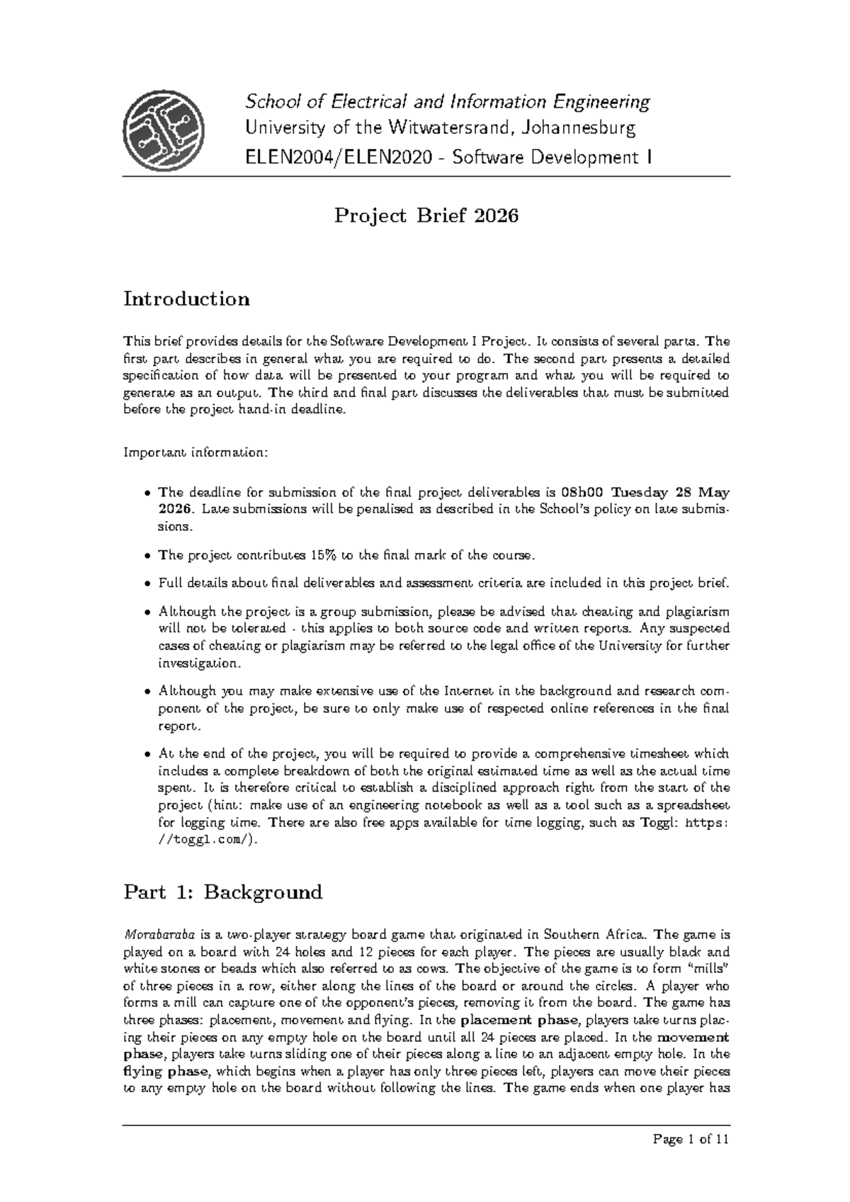 ELEN2020 Software Development I Project Brief 2026 Overview - Studocu