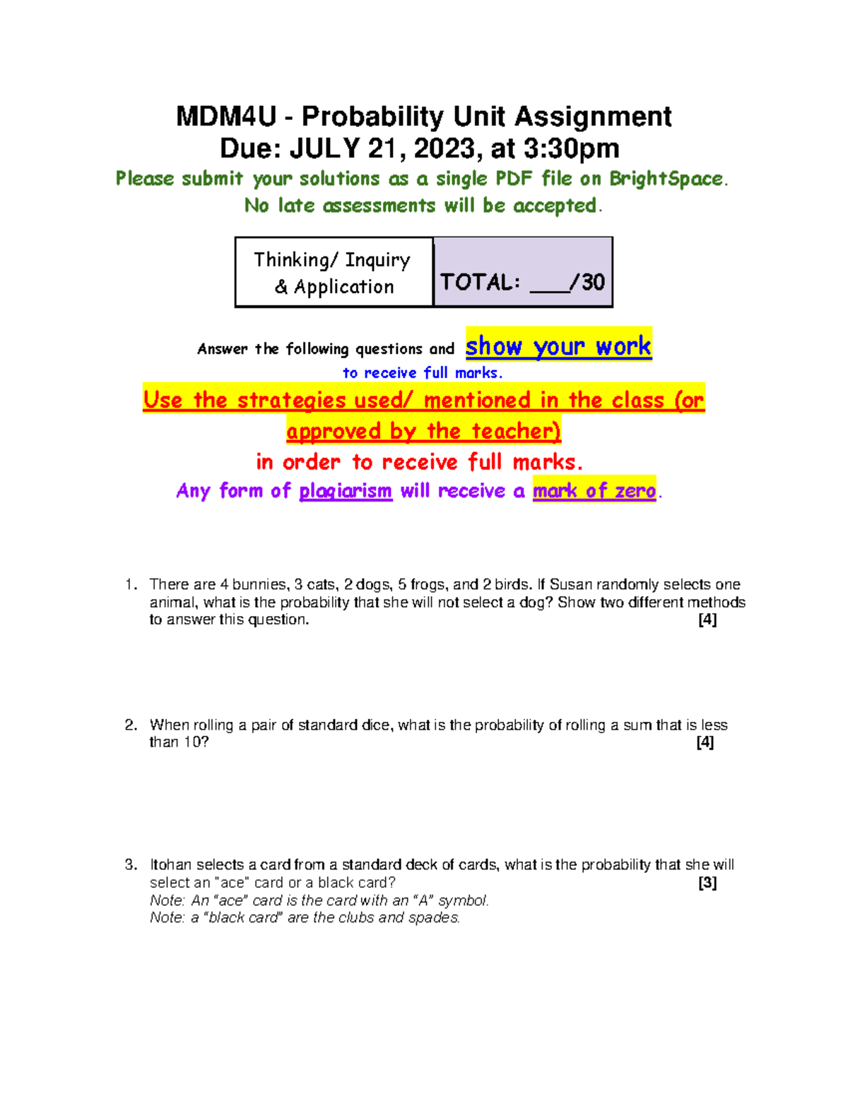 Unit Assignment - Probability - MDM4U - Probability Unit Assignment Due ...