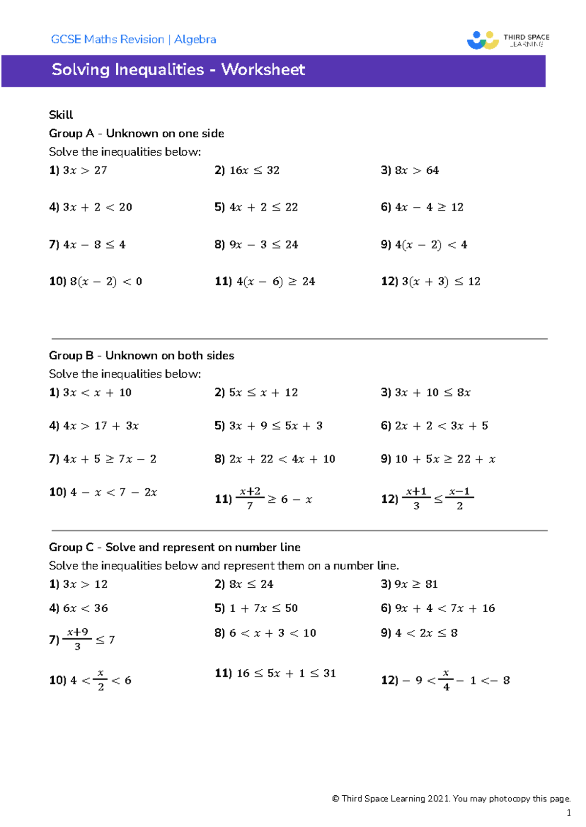 Solving-Inequalities - Solving Inequalities - Worksheet Skill Group A ...