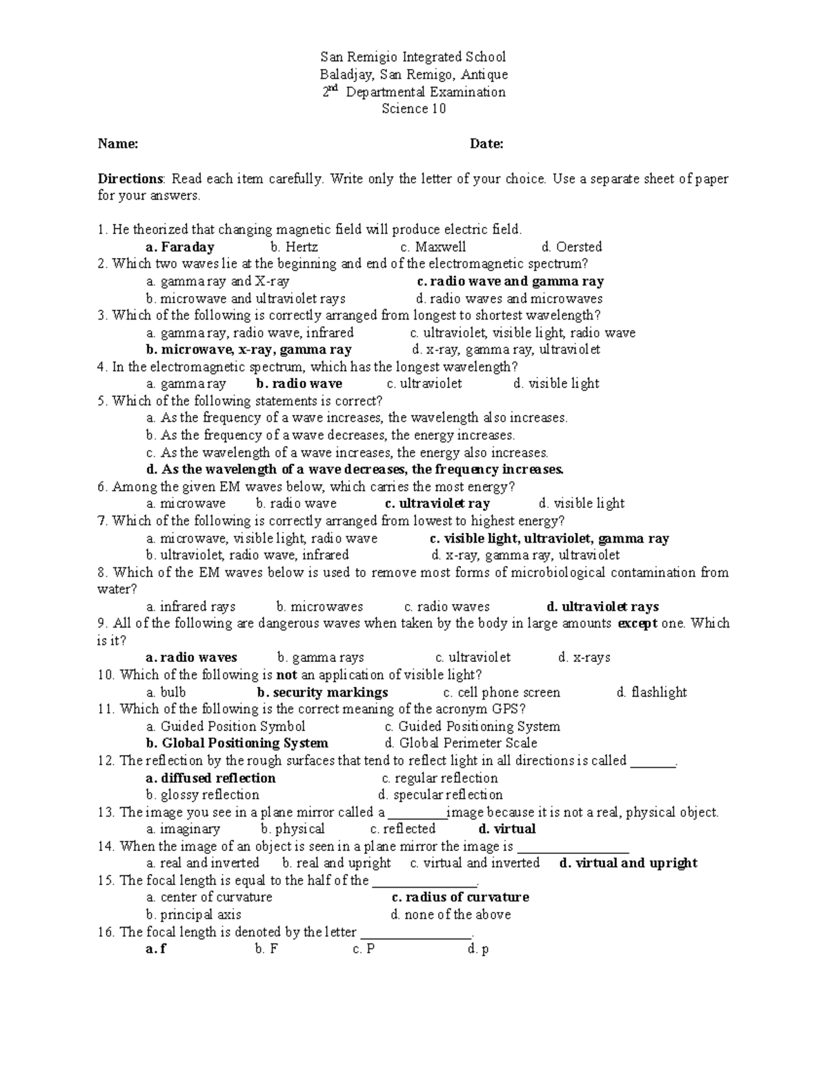 Science 10 2nd Dept Exam Answer Key - San Remigio Integrated School ...