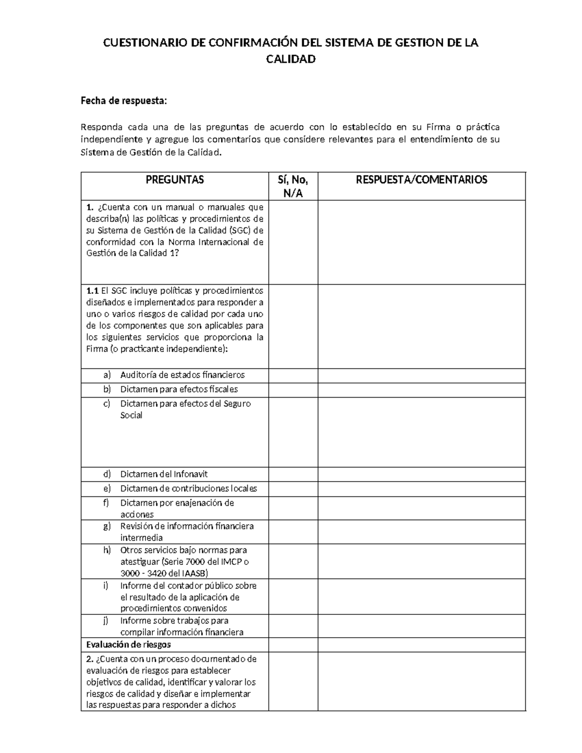 IMCP NRGC - Cuestionario de Confirmación del SGC 2025 - Studocu