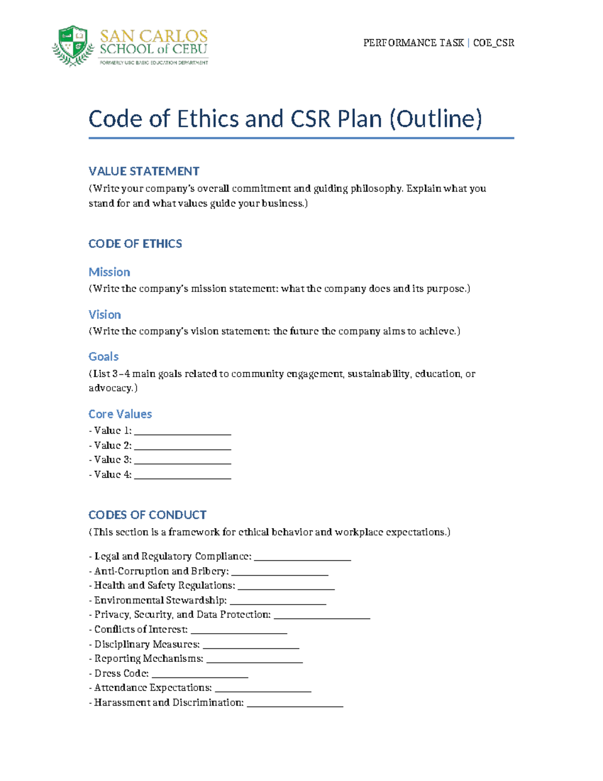 ABM_CSR Code of Ethics & CSR Plan Outline - Studocu