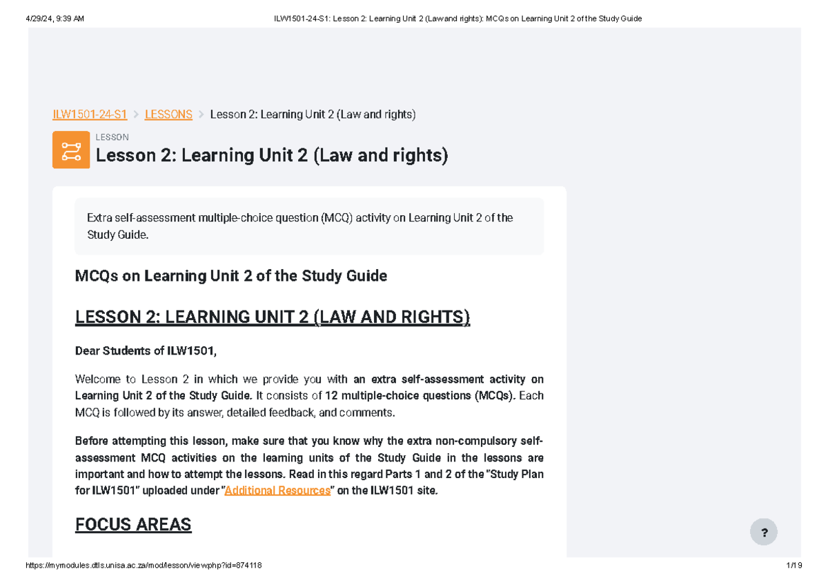 ILW1501 Lesson 2: MCQs on Learning Unit 2 (Law and Rights) Study Guide ...