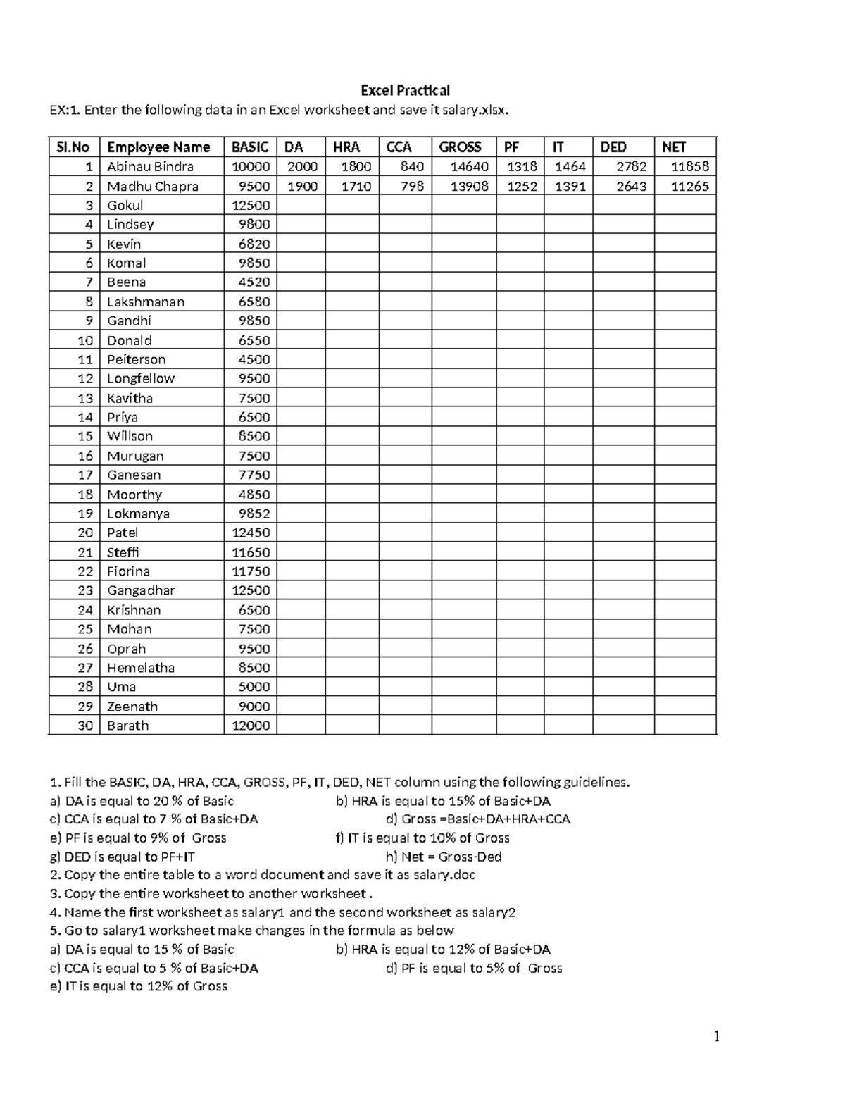 Excel Practical Exercises and Assignments for Course 05UCO - Studocu