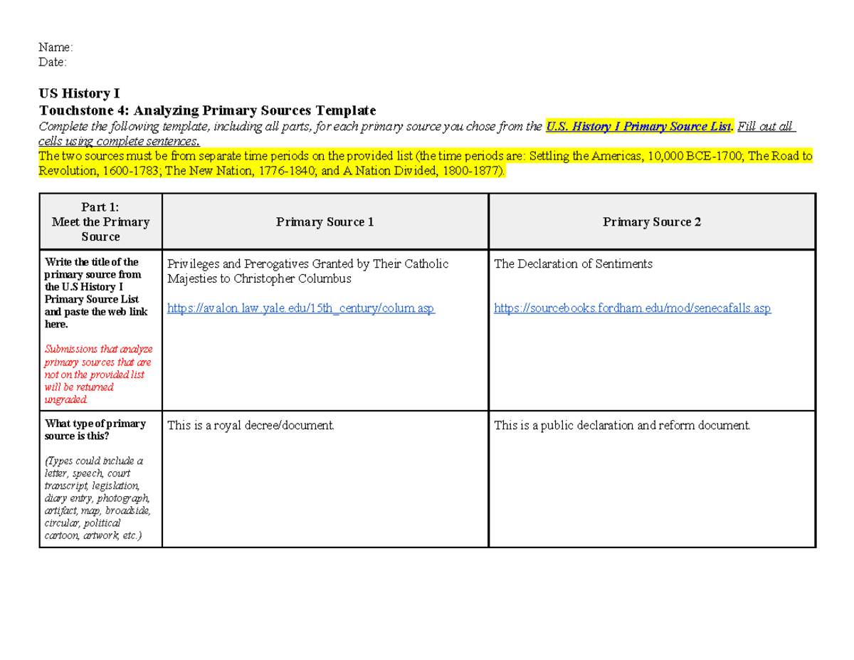 US History I Touchstone 4: Analyzing Primary Sources Template - Studocu